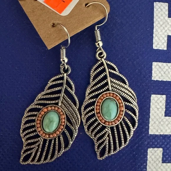 Silver and Turquoise Feather Earrings - Picture 2 of 5